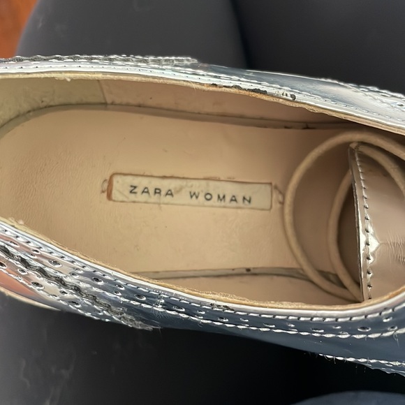 Zara Silver Metallic Mirror Platform Lace up Oxford Derby Shoe - Picture 3 of 3